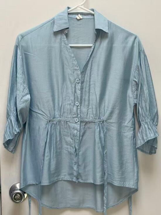 Unbrand Tops - Women Light Blue Shirt Blouse Tie Front Cinched Waist Ruffle Sleeve Top Casual M